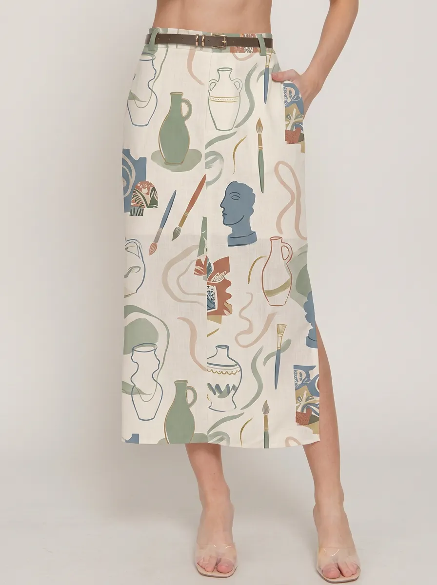 Women's Art Lover Pottery Vase Statue Printed Midi Skirt