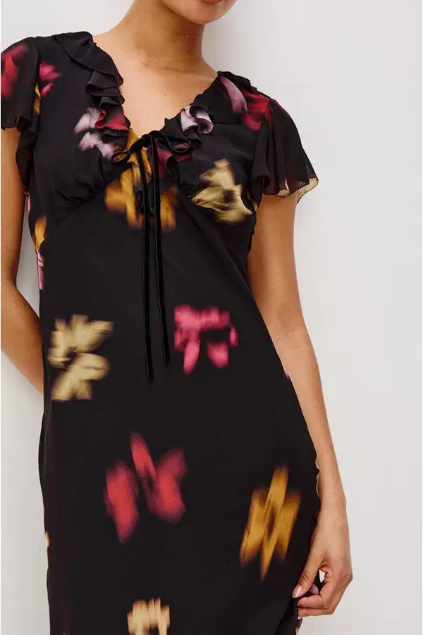 Black Blurred Floral Print Ruffle Dress