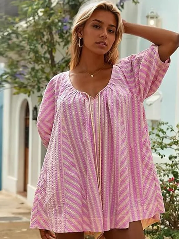 Short Sleeved Striped Jumpsuit Slim Loose Shorts