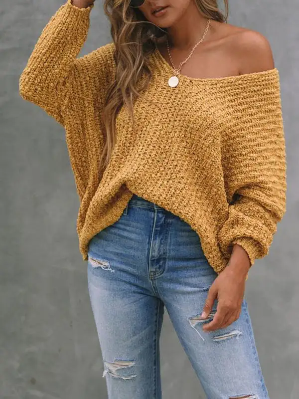 V-Neck Long Sleeve Relaxed Fit Pullover Sweater