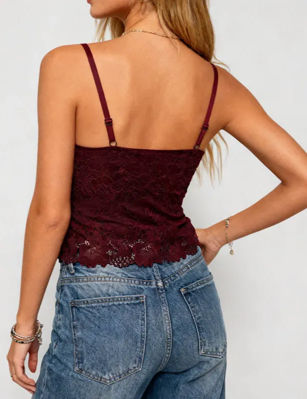 Romantic Sheer Lace V Neck Spaghetti Strap Cami Top