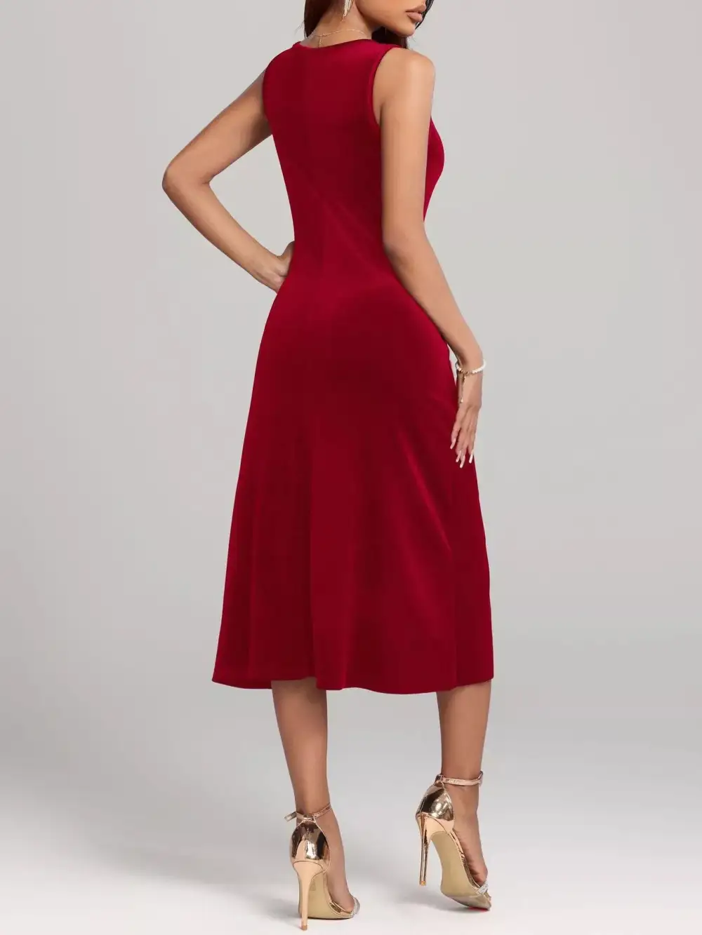 Velvet Round Neck Sleeveless Midi Dress