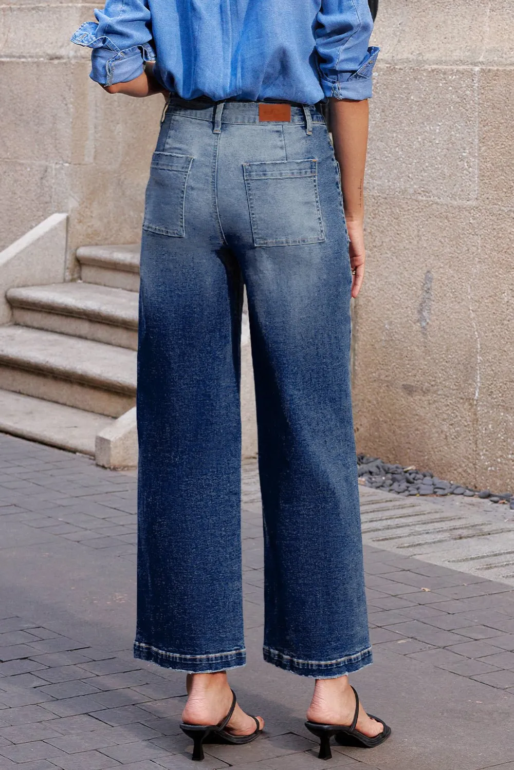 High Waist Patch Pocket Casual Jeans