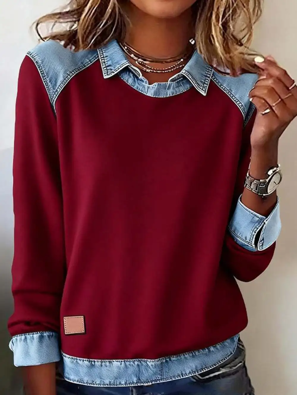 Denim Collar Patchwork Top