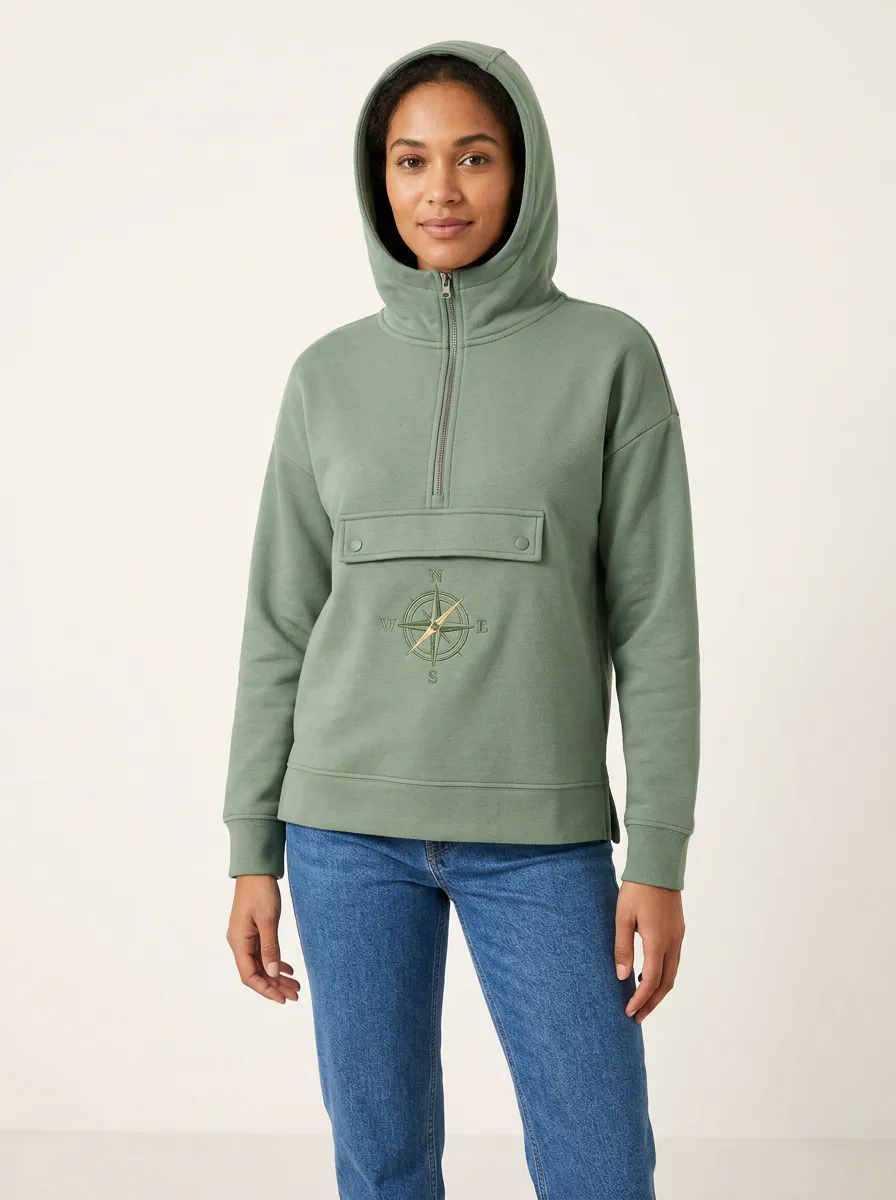 Women's Compass-Embroidered Half-Zip Snap-Flap Hoodie