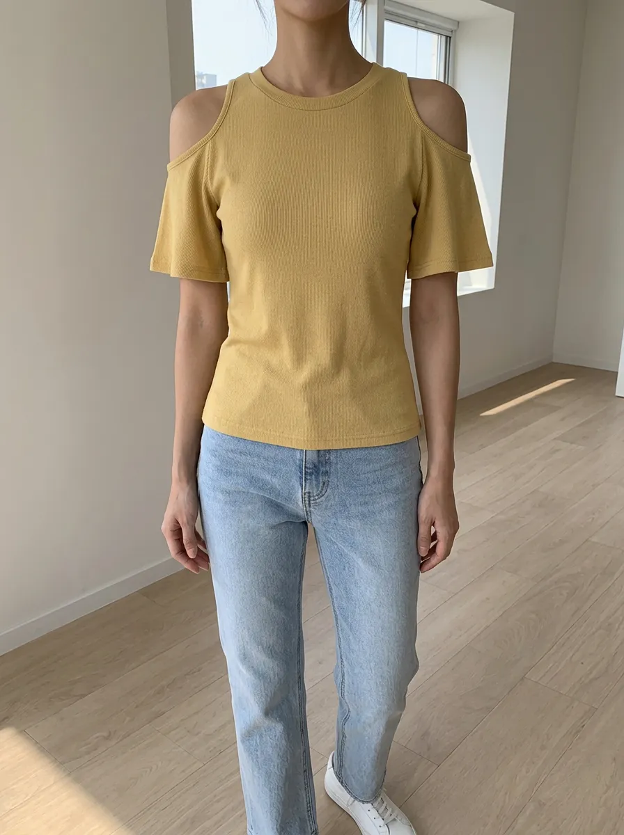Women's Mustard Yellow Ribbed Cold Shoulder Casual Top