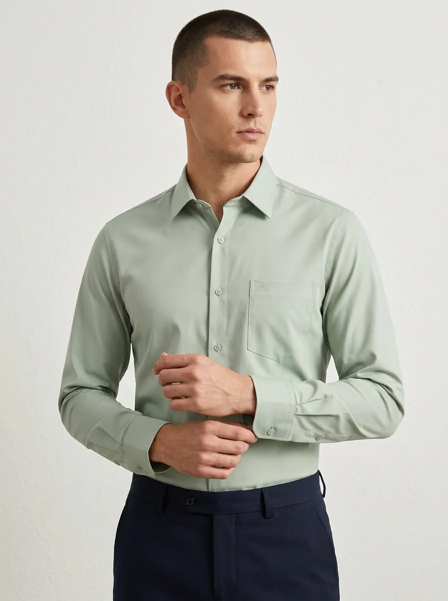 Men's Non-Iron Cotton Sage Green Solid Long Sleeve Shirt