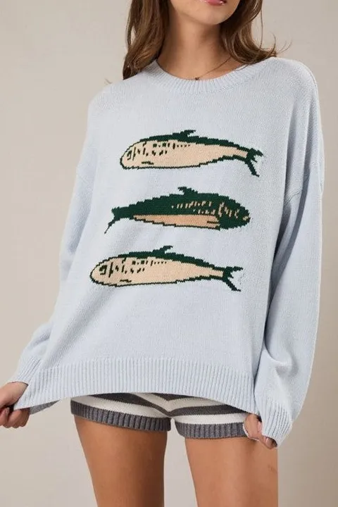 Baby Blue Fish Print Oversized Knit Sweater