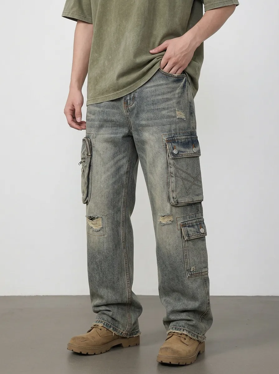 Men's Ridge Vintage Distressed Multi-Pocket Denim Cargo Jeans