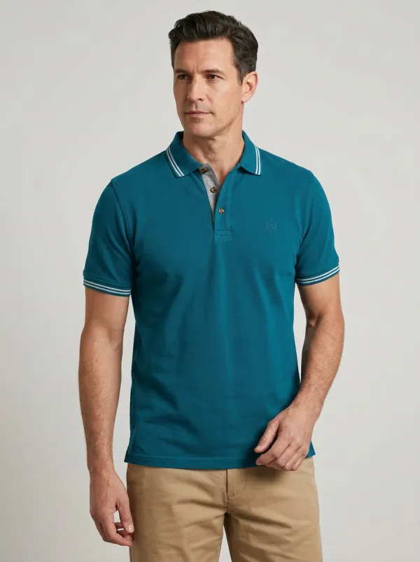 Men's Navy Blue Striped Collar Embroidered Accent Polo Shirt