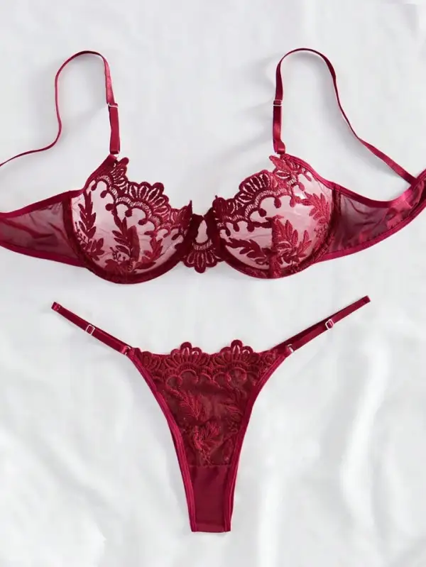 Embroidered Mesh Sheer Lingerie Set