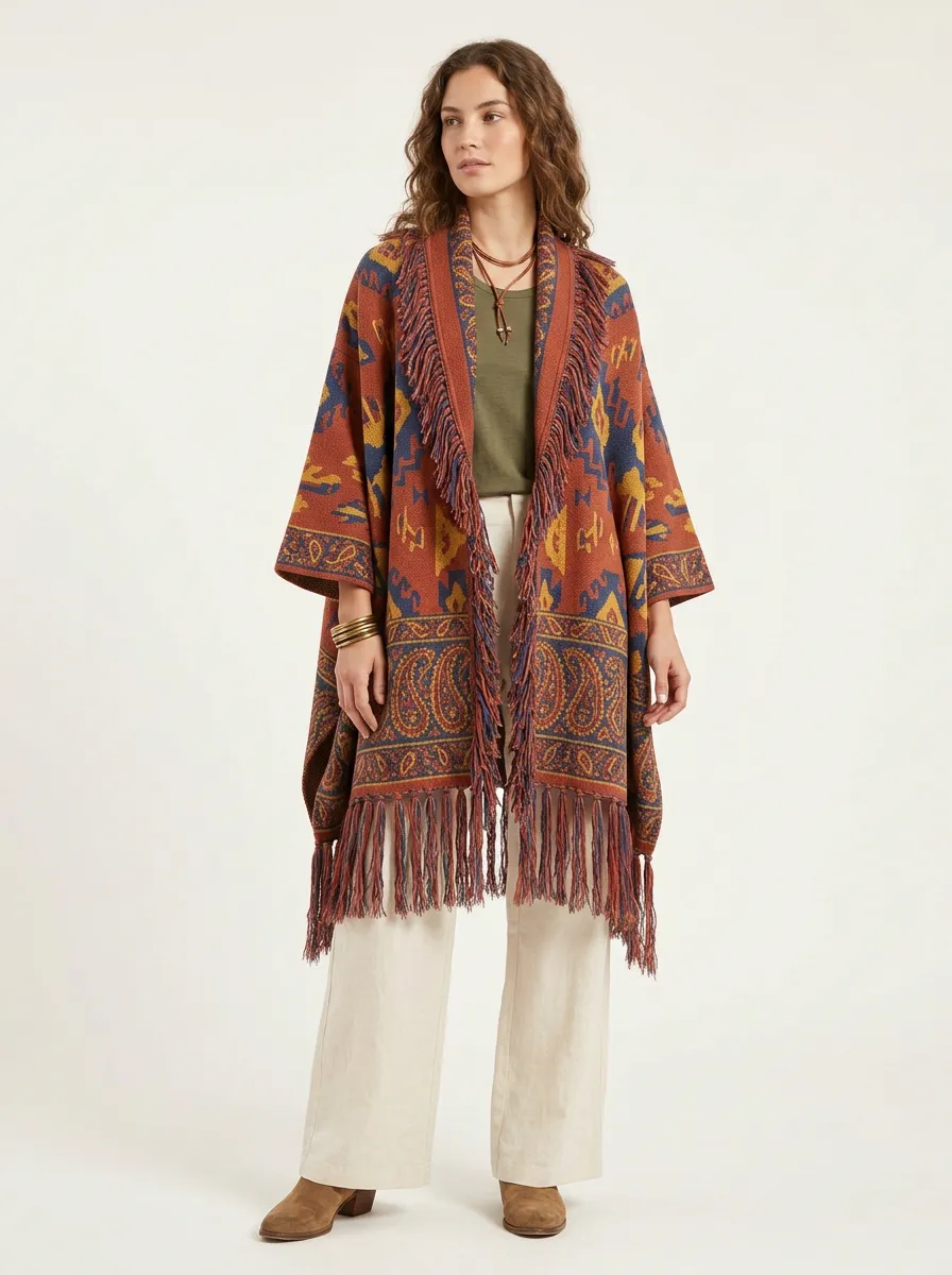 Women's Boho Tribal Paisley Fringe Printed Cardigan