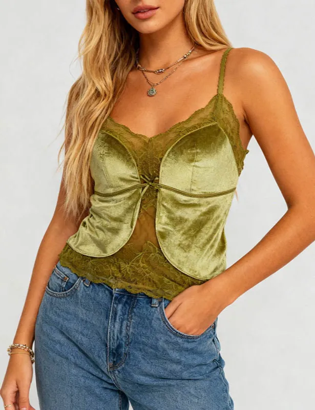 Eleglant Velet V Neck Lace Trim Cami Top