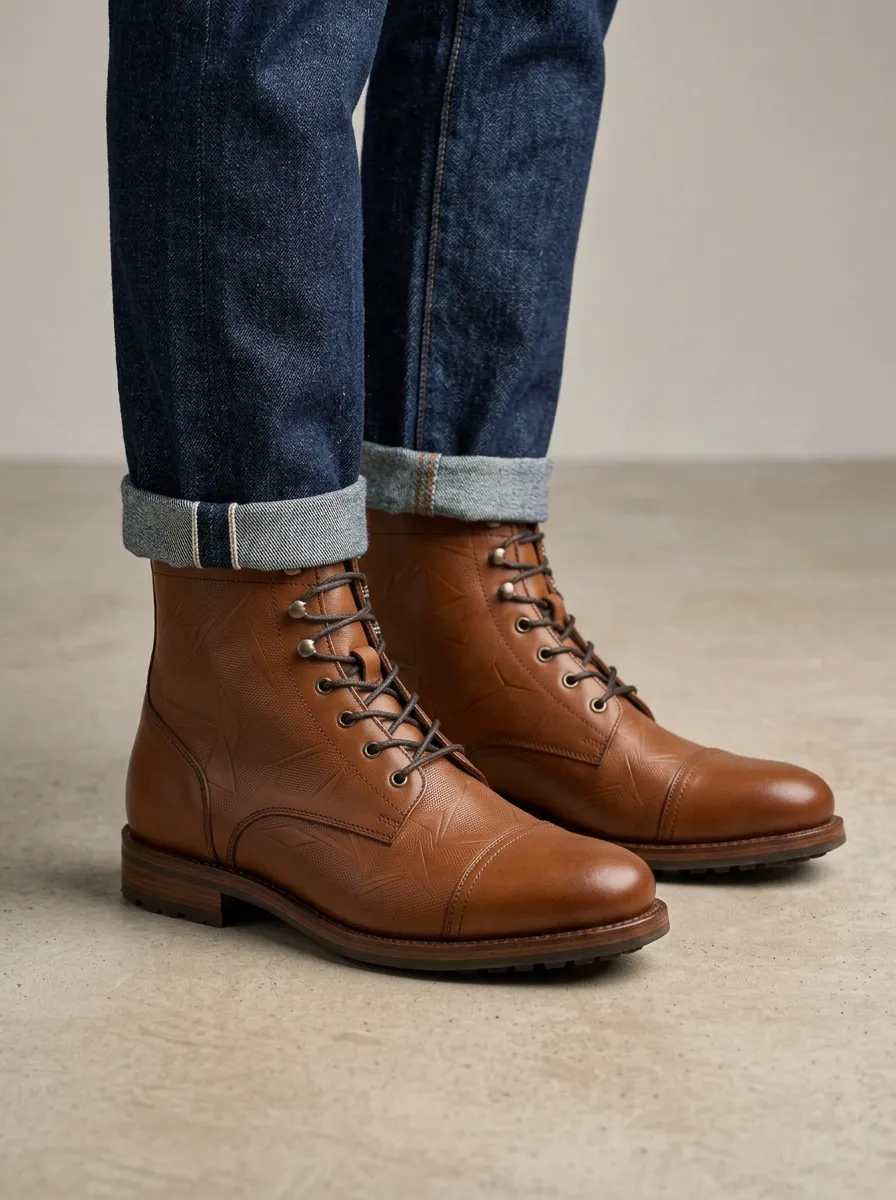 Geometric Pattern Embossed Leather-Look Lace-Up Boots