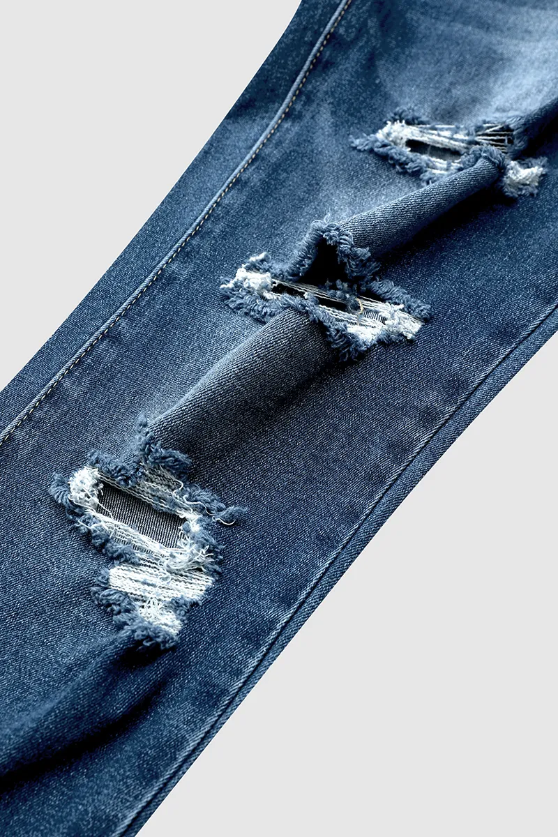 Ladder Ripped Rolled Hem Mid Waist Skinny Jeans