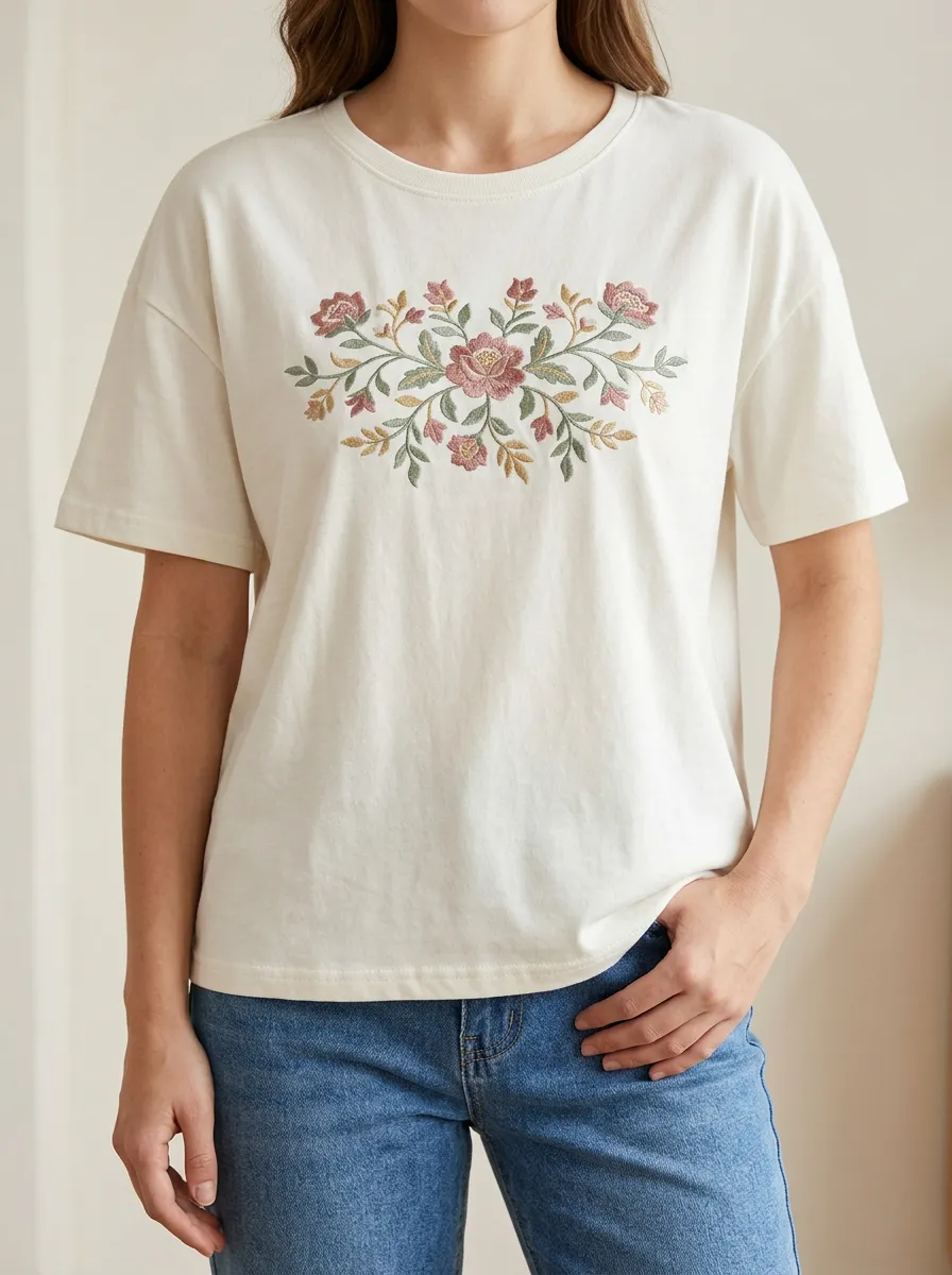 Everyday Floral Print Embroidered Detail Women's Short Sleeve Everyday Top