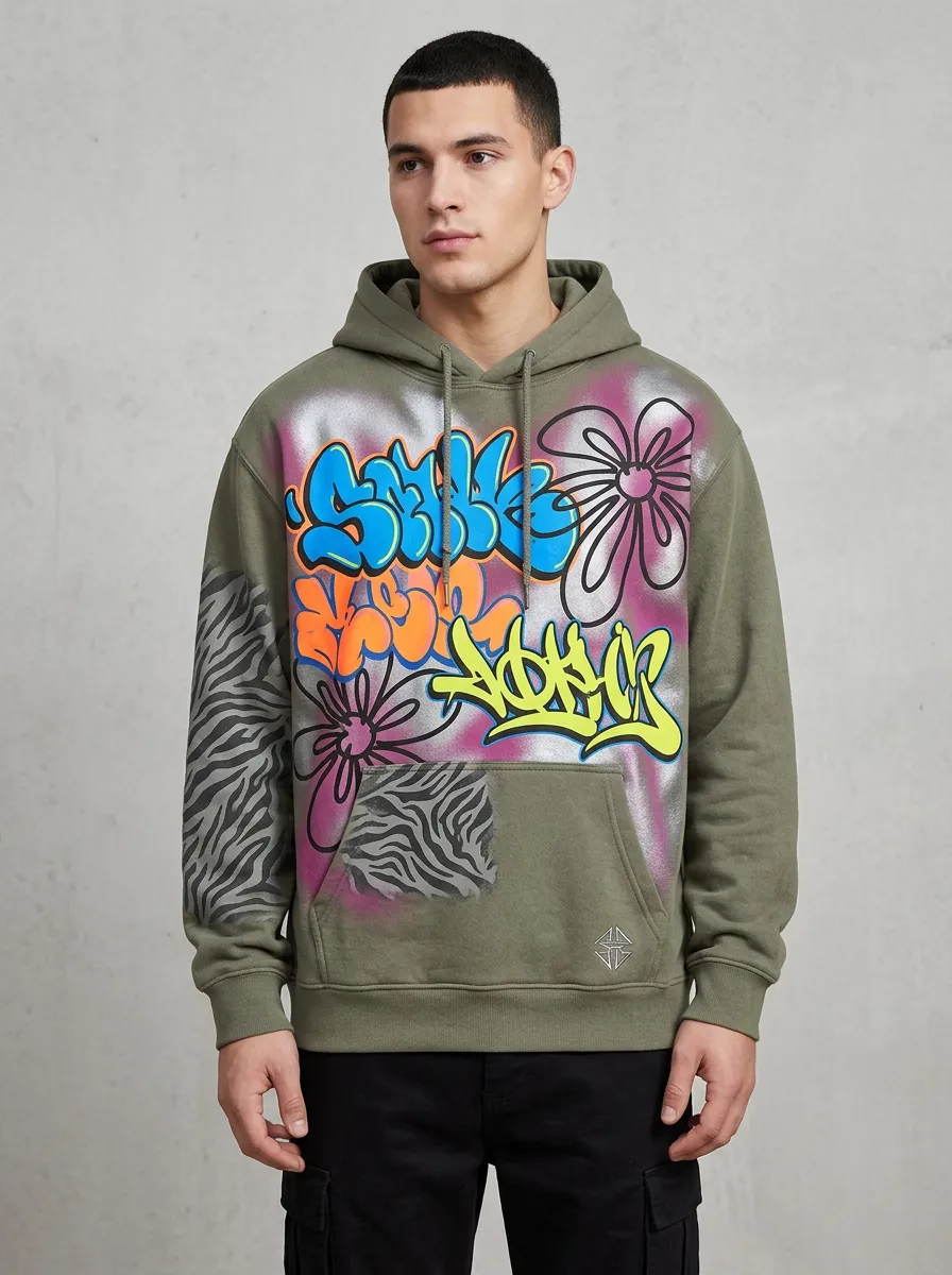 Unisex Streetwear Graffiti Flower Zebra Graphic Fusion Hoodie