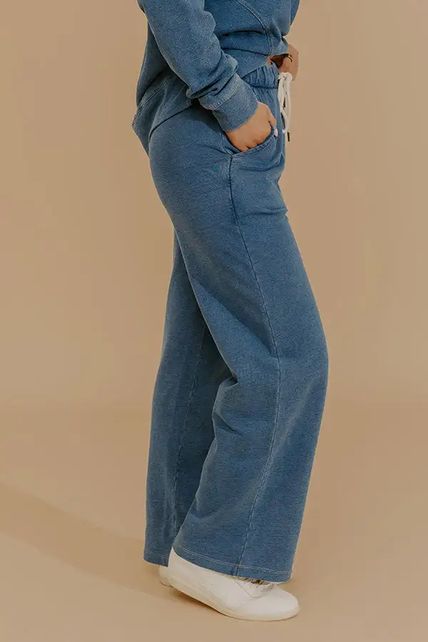 High Waist Wide Leg Knit Chambray Drawstring Pants