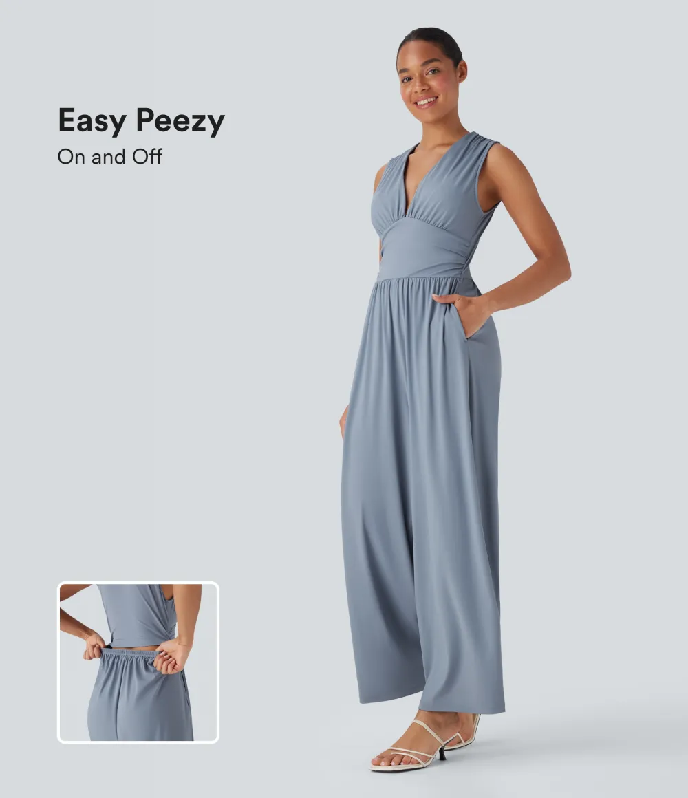 SoftlyZero Airy V Neck Sleeveless Ruched Pocket Cool Touch Casual Jumpsuit-Easy Peezy