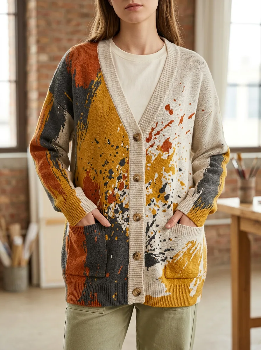 Women's Artistic Abstract Paint Splatter Printed V-Neck Relaxed Layering Cardigan