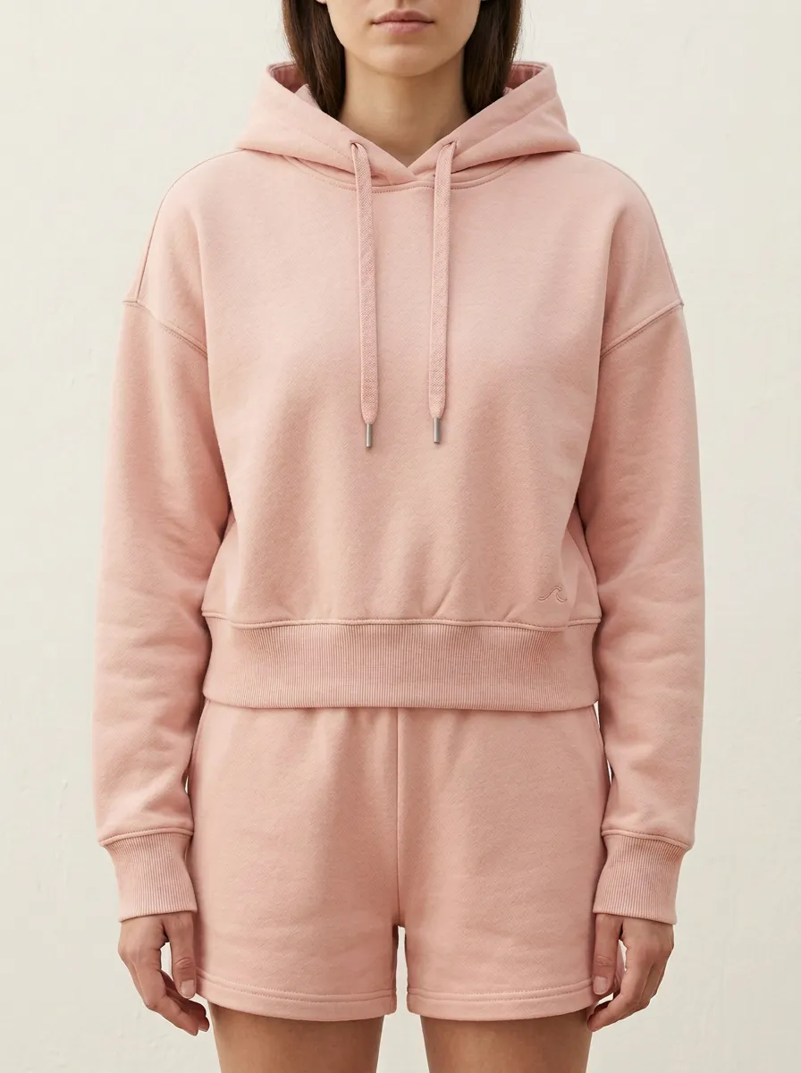 Women's Minimalist Beige Solid Color Embroidered Wave Hoodie