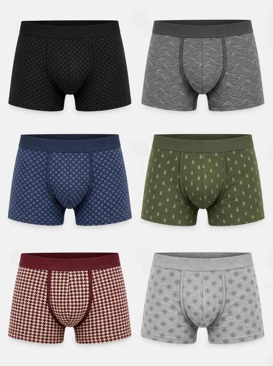Men's Multi-Pattern Geometric Tree Printed Boxer Briefs 6-Pack
