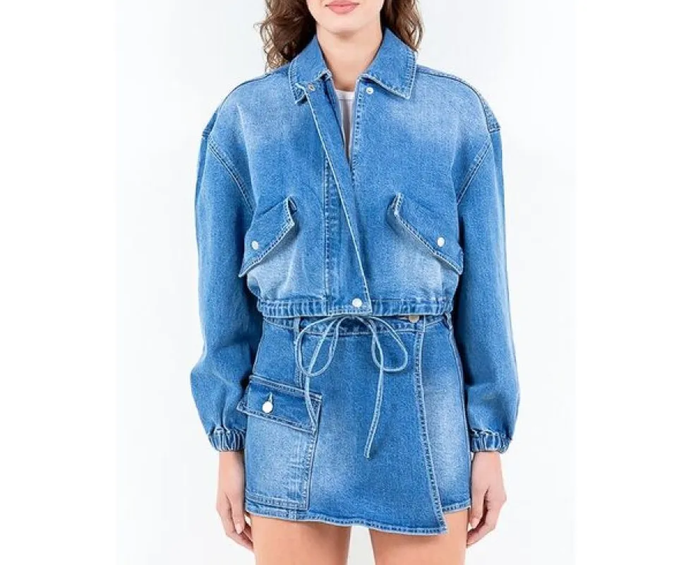 Plus Size Drop-Shoulder Cropped Denim Jacket with Waist Strap