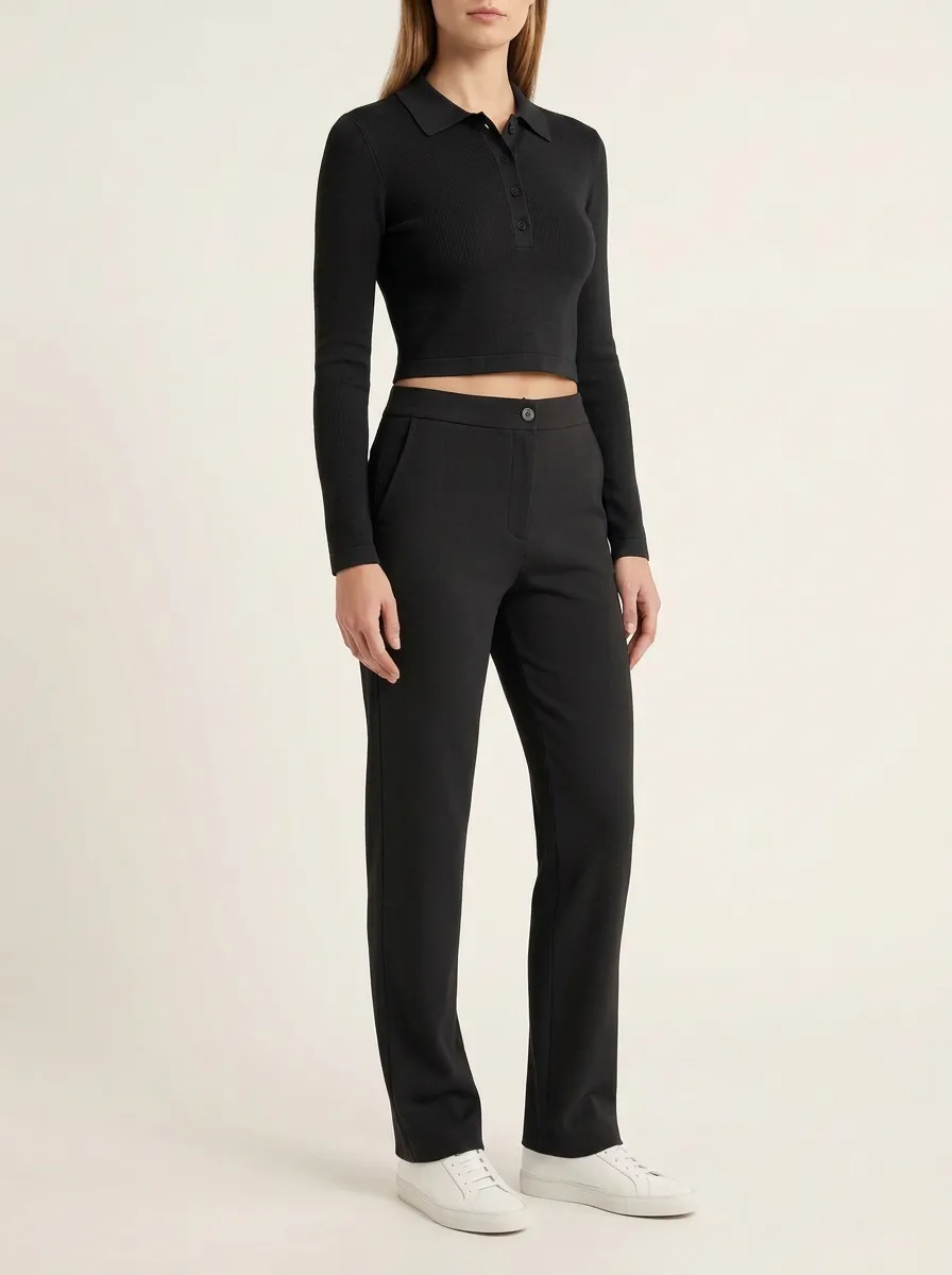 Women's Ribbed Polo Crop Top and Button-Fly Straight-Leg Trouser Set