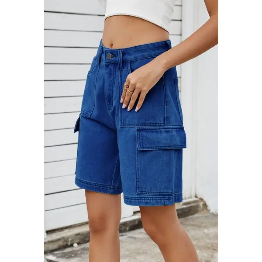 High Rise Pocketed Cargo Denim Shorts