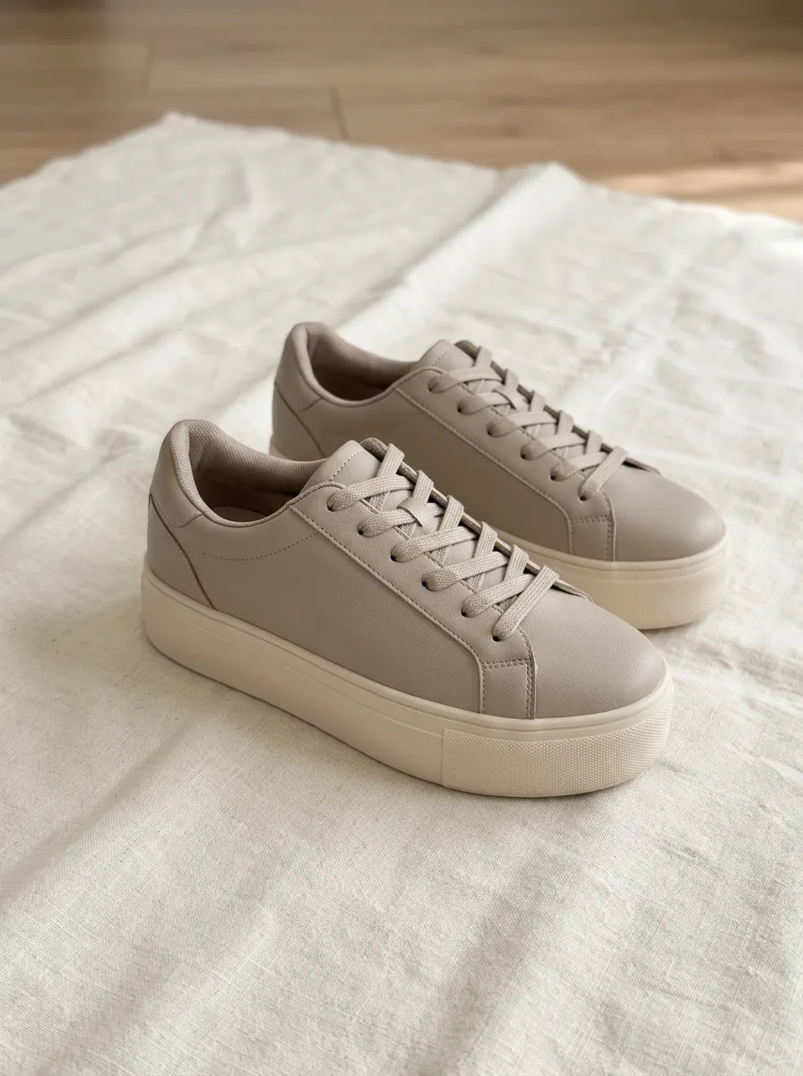 Women's Minimalist Beige Solid Color Printed Platform Sneakers
