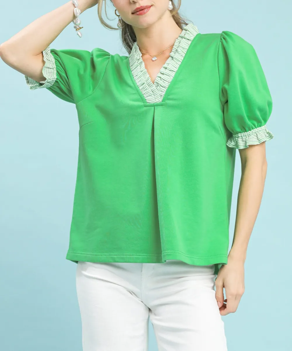 Cotton French Terry Ruffle Trim Puff Sleeve Top