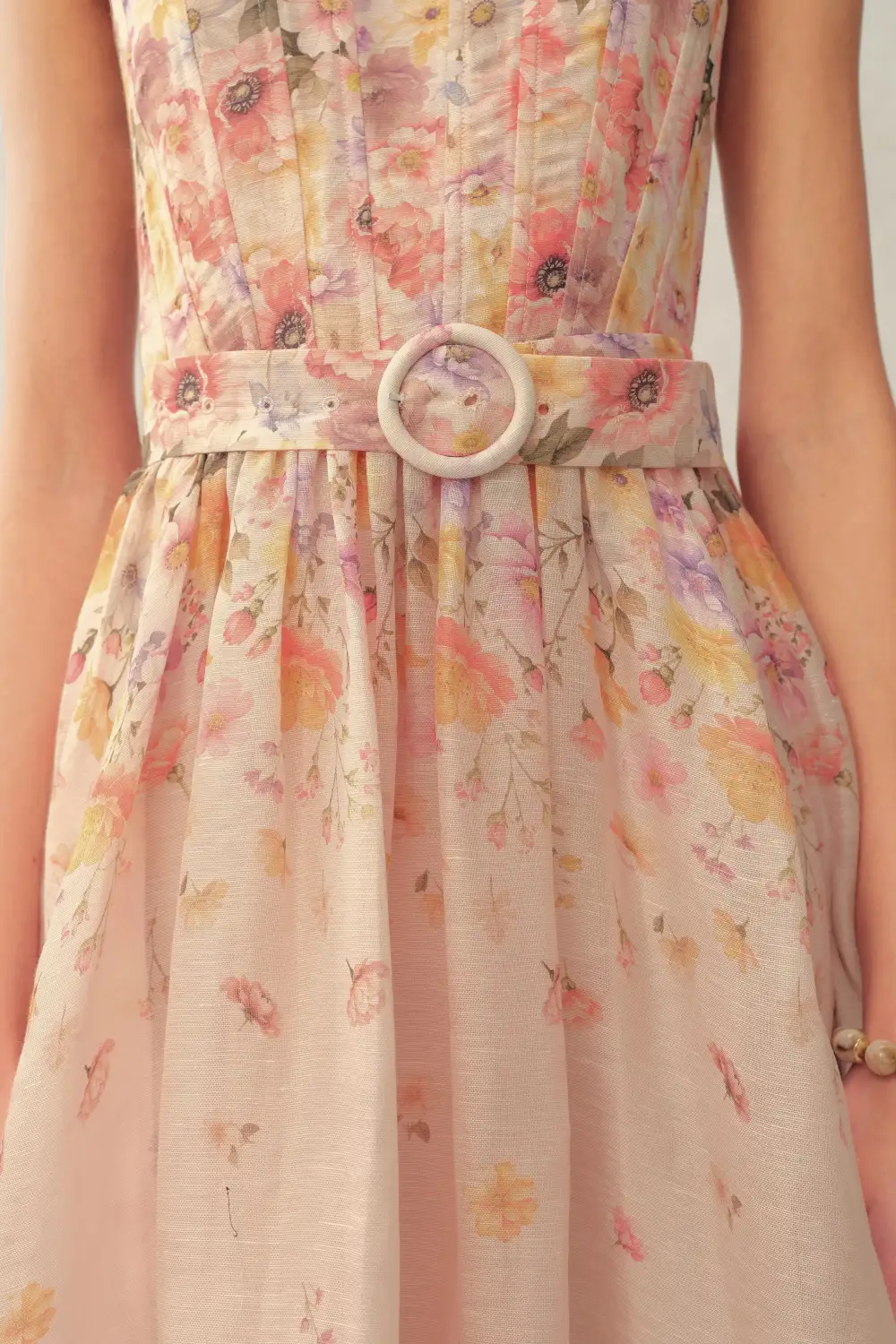 Strap Smocked Belted Hand-Painted Silk Linen Organza Maxi Dress