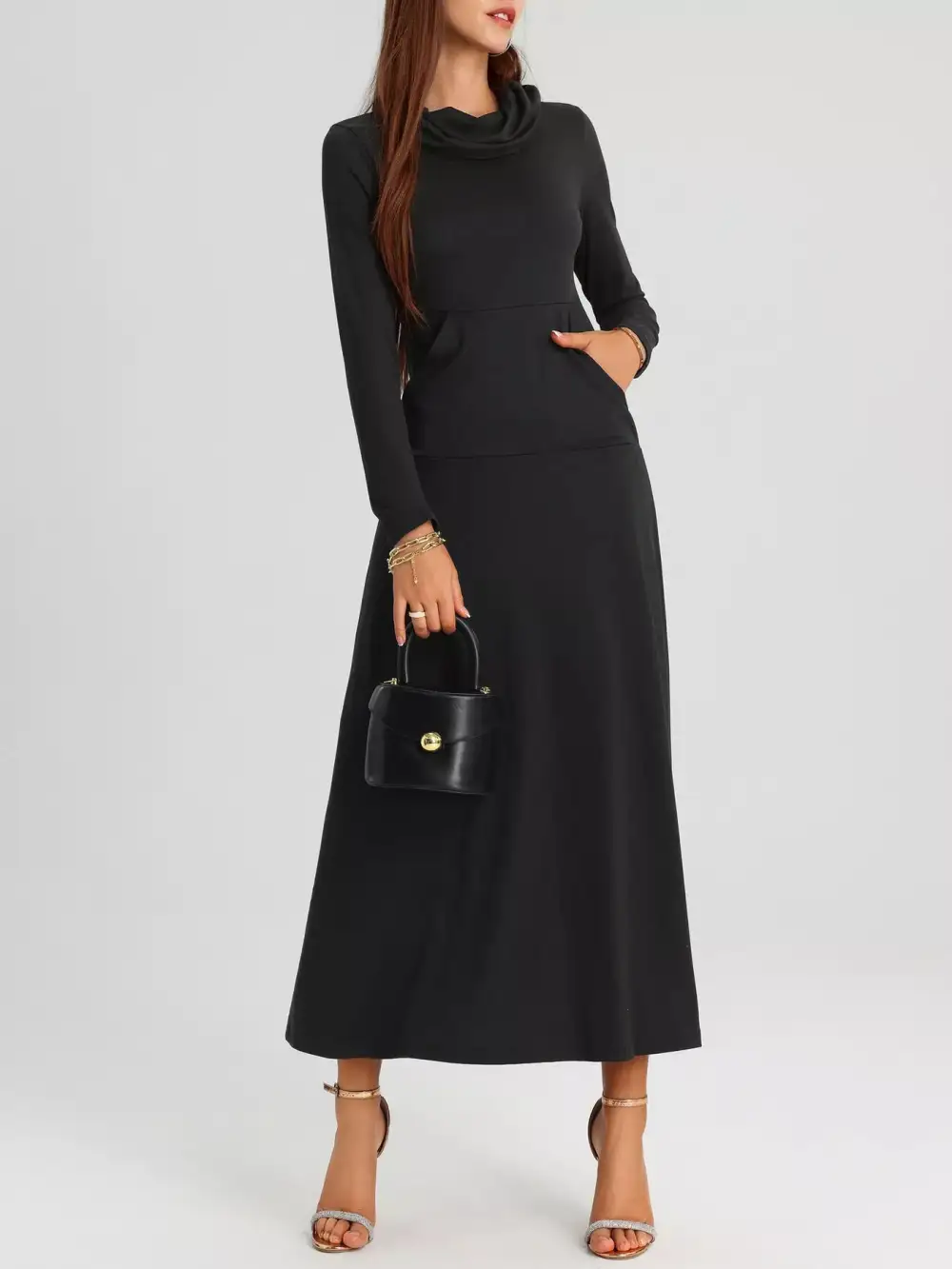 Cowl Neck Long Sleeve Midi Dress