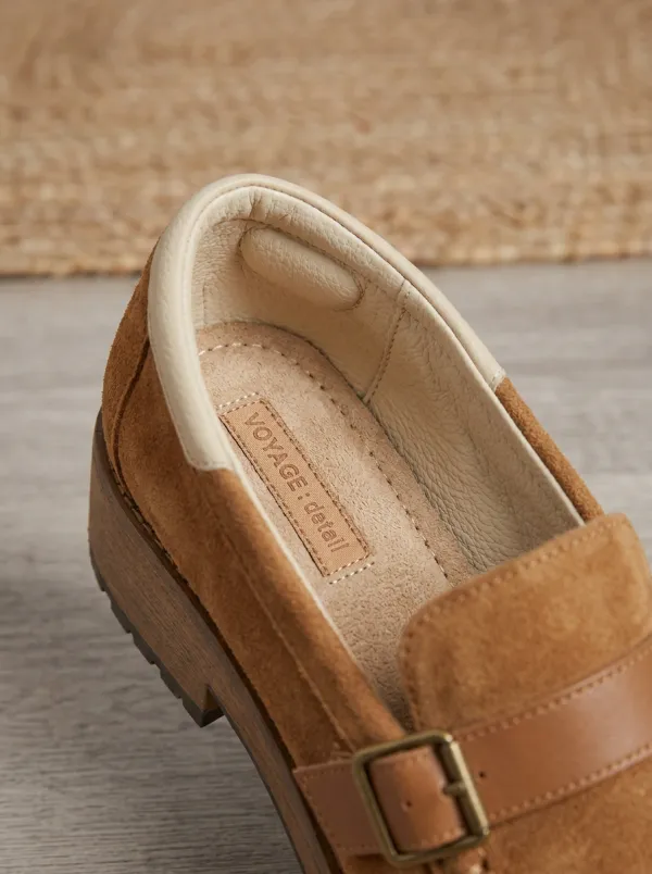 Women's Rugged Buckle Detail Casual Suede Wood Sole Loafers