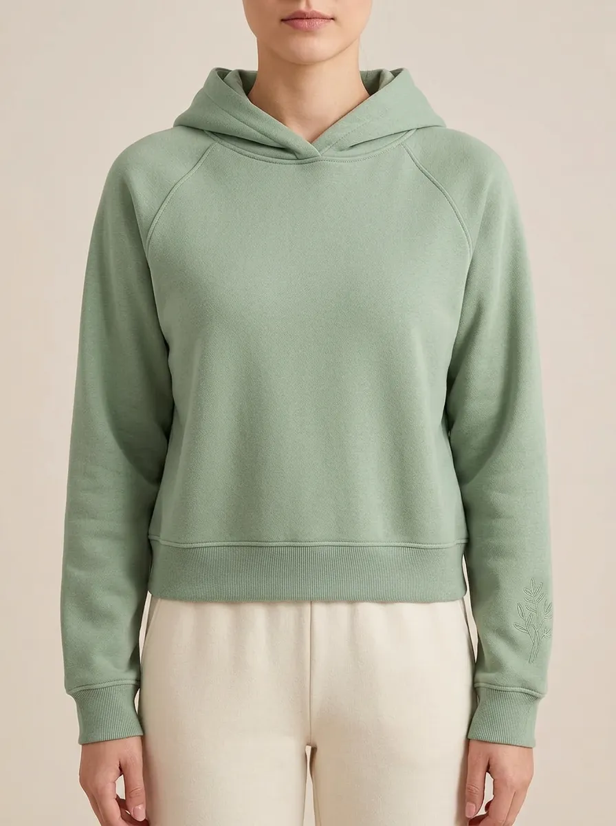 Women's Minimalist Sage Green Leaf Embroidered Hoodie