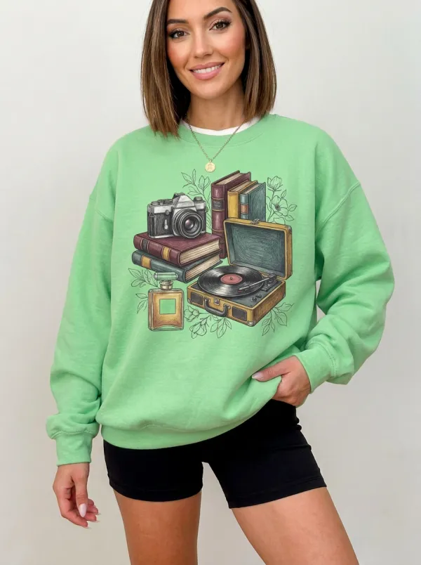 Women's Vintage Hobby Lover Camera Books Record Player Printed Sweatshirt