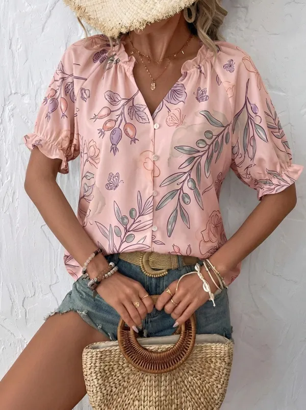 Women's Botanical Butterfly Floral Printed V-Neck Blouse