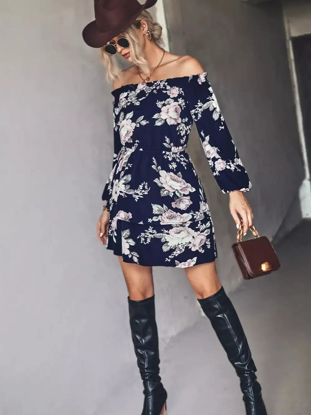 Relaxed Shape Floral Printed Long Sleeve Mini Dress