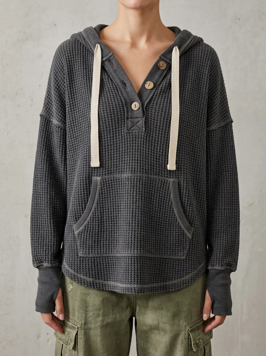 Textured Casual Casual Waffle Knit Button Hooded Long Sleeve Top