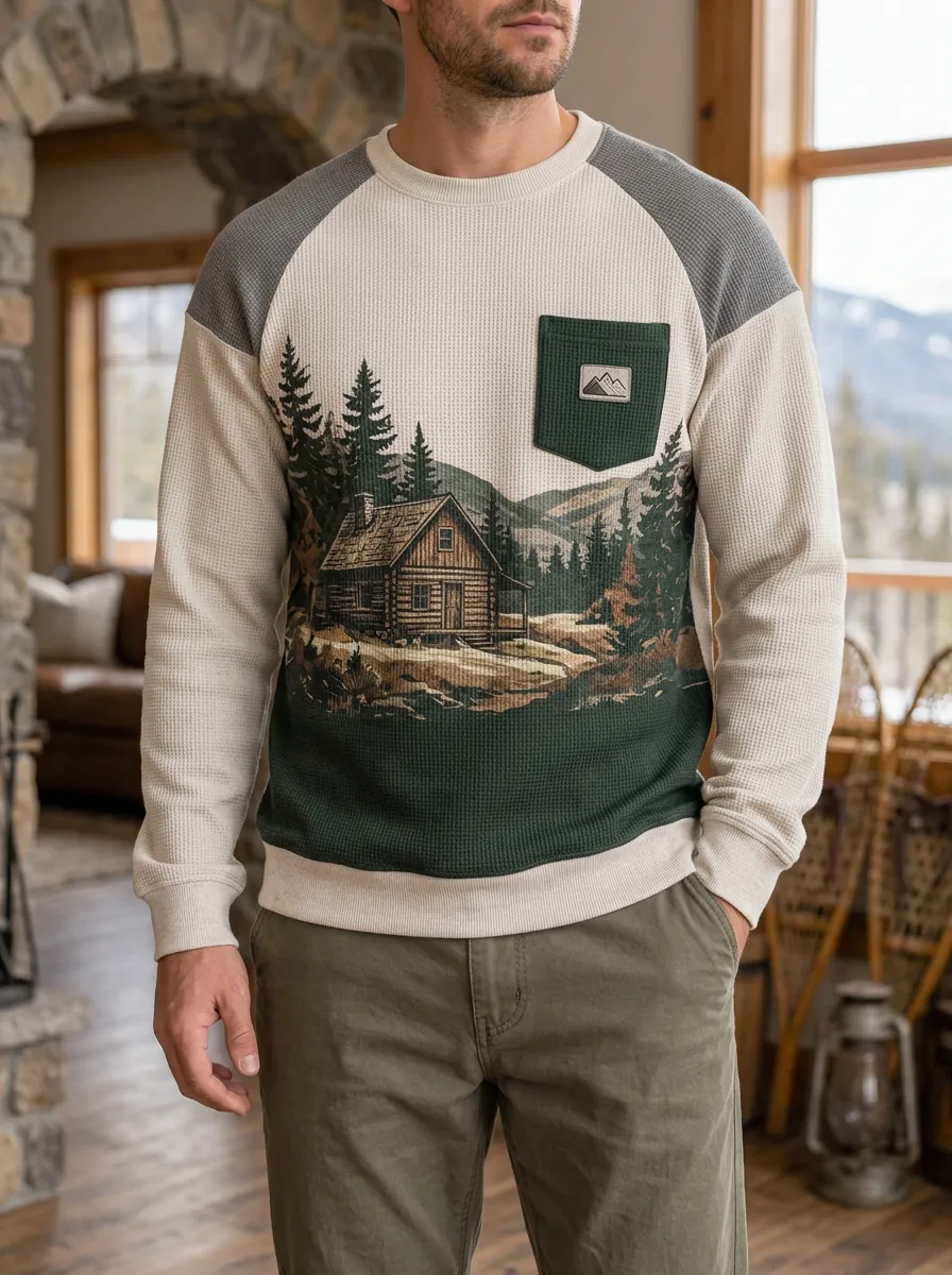 Men's Nature Lover Cabin Forest Printed Waffle Knit Sweatshirt