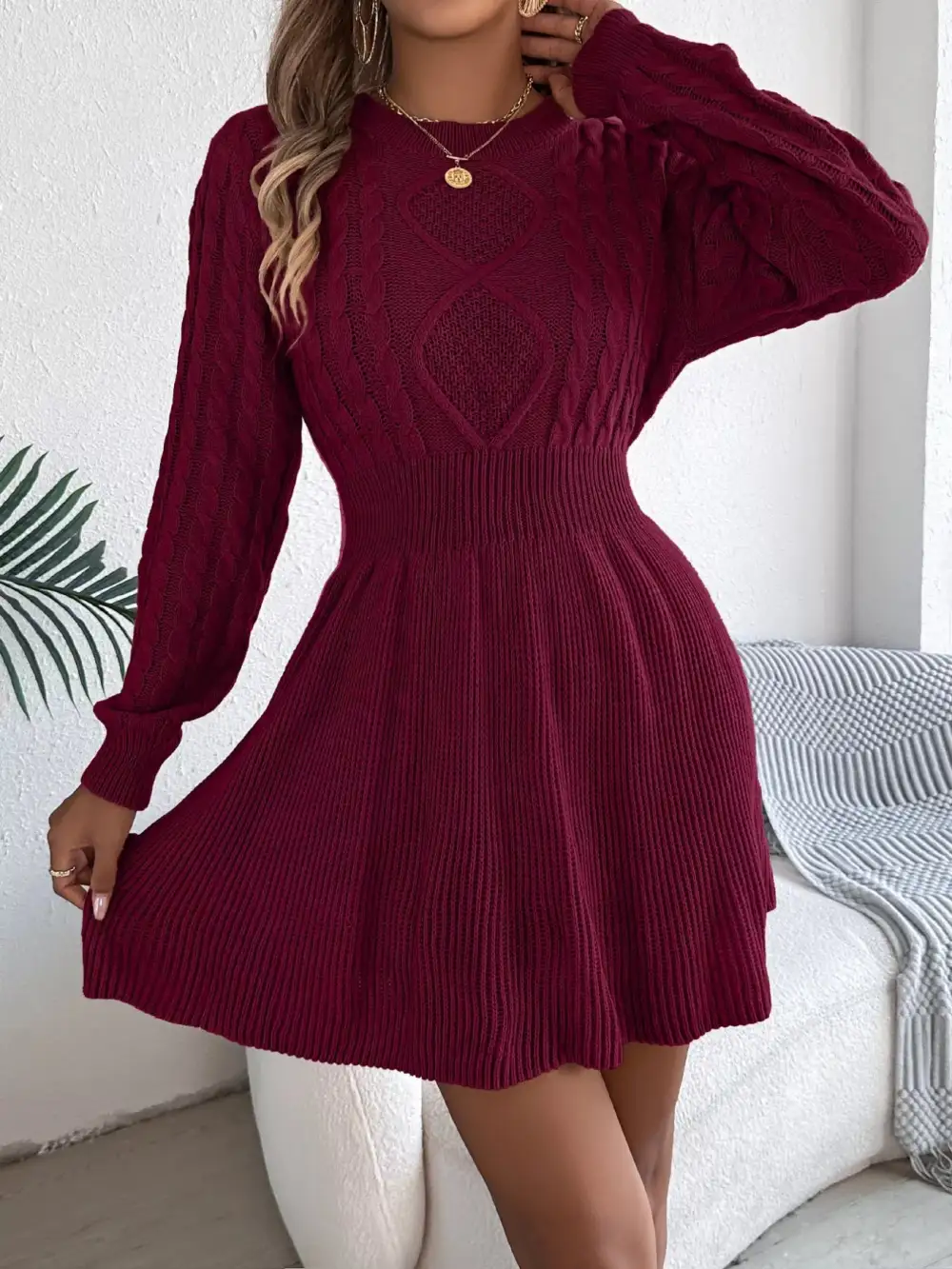 Gathered Detail Knit Long Sleeve Sweater Dress