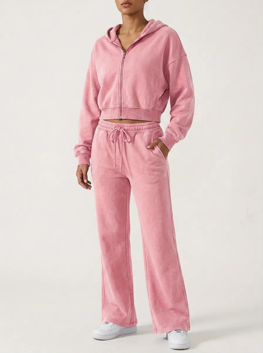 Women's Modern Acid Wash Sport Inspired Cropped Hooded Jacket and Flare Pants Active Set