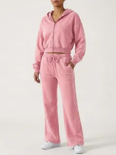 Women's Modern Acid Wash Sport Inspired Cropped Hooded Jacket and Flare Pants Active Set