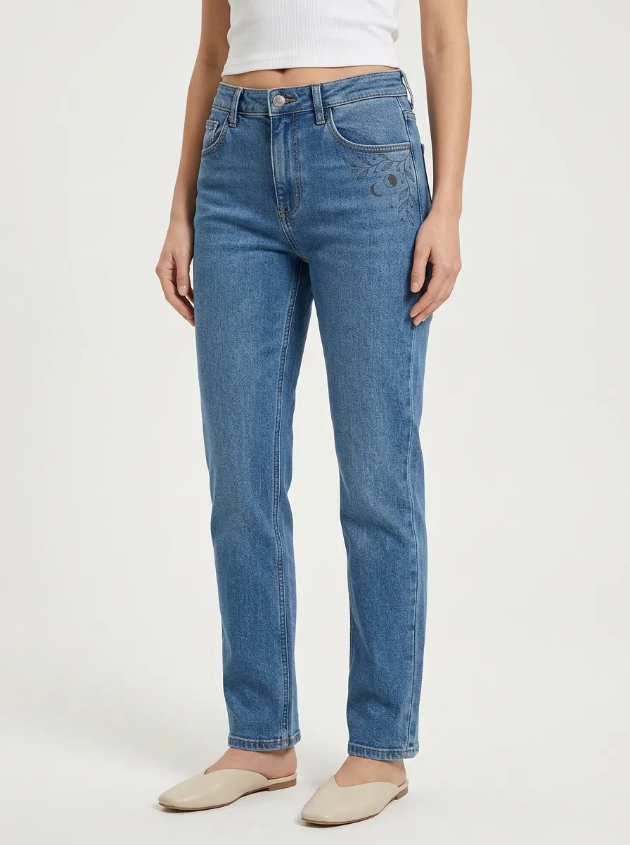Women's Celestial Floral Embroidered Front-Pocket High-Rise Straight-Leg Jeans