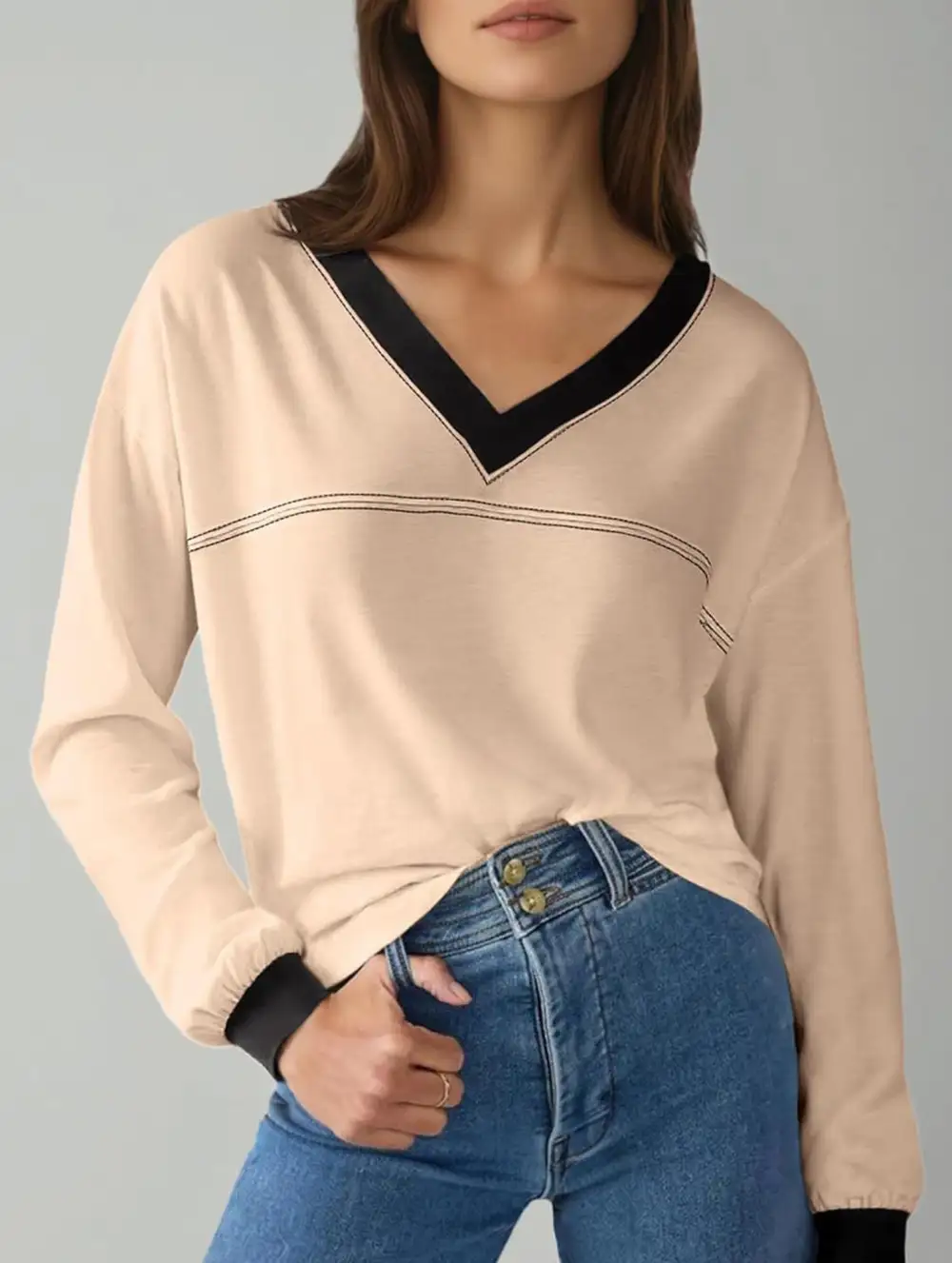 Contrast V Neck Loose Sweatshirt