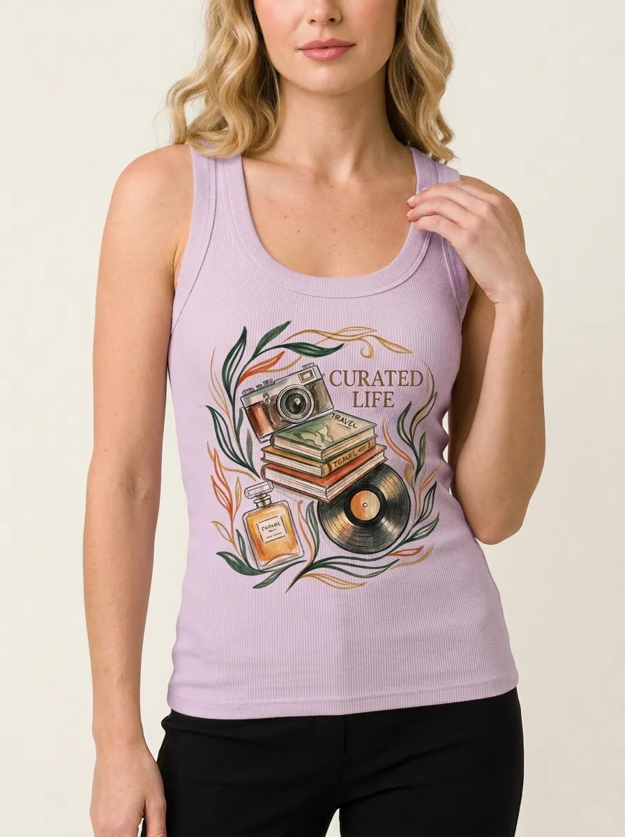 Women's Curated Life Camera Books Vinyl Graphic Tank Top