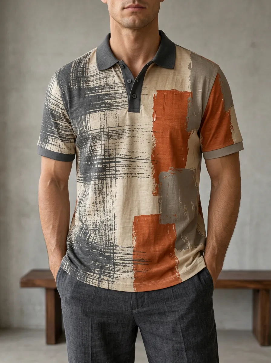 Men's Abstract Art Geometric Brushstroke Printed Polo Shirt Relaxed Daily Style