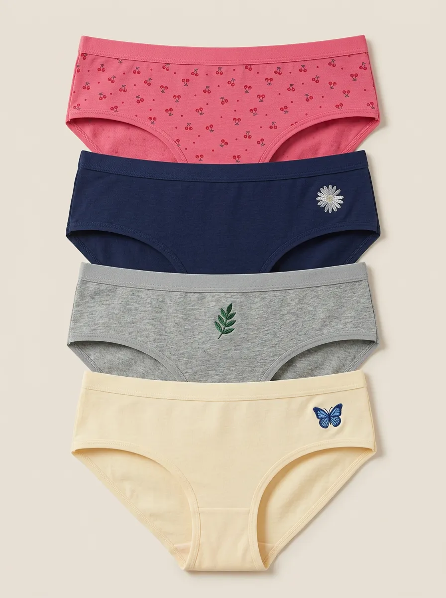 Women's Four-Pair Floral Cherry Butterfly Embroidered Brief Set