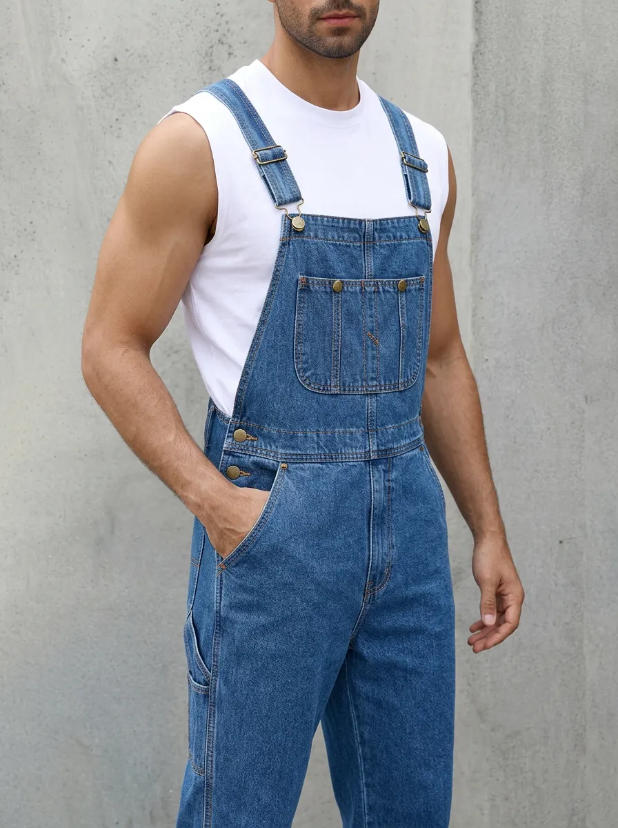 Men's Casual Vintage Blue Denim Bib Overalls