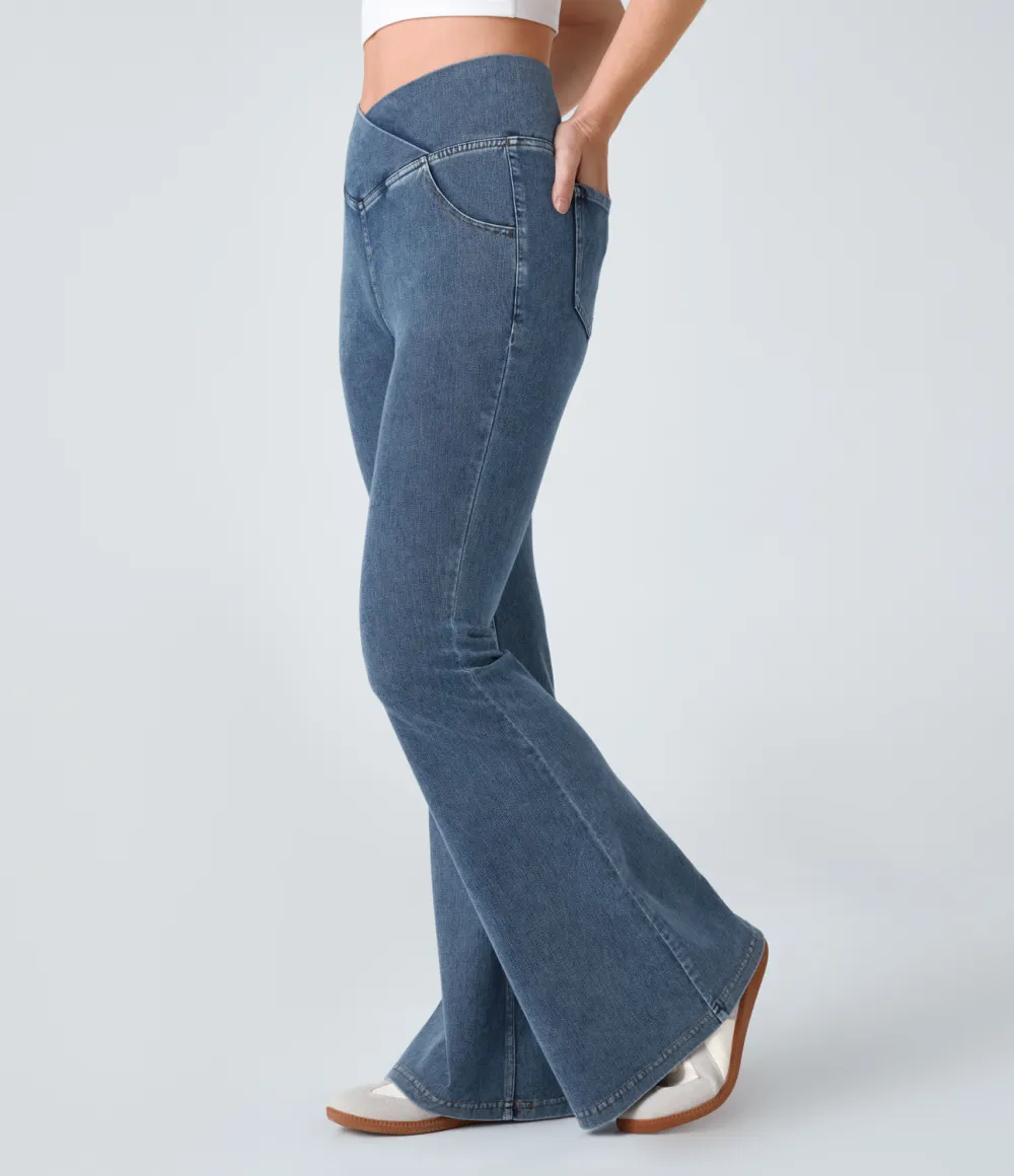Magic High Waisted Crossover Pocket Cool Touch Washed Stretchy Knit Casual Super Flare Jeans